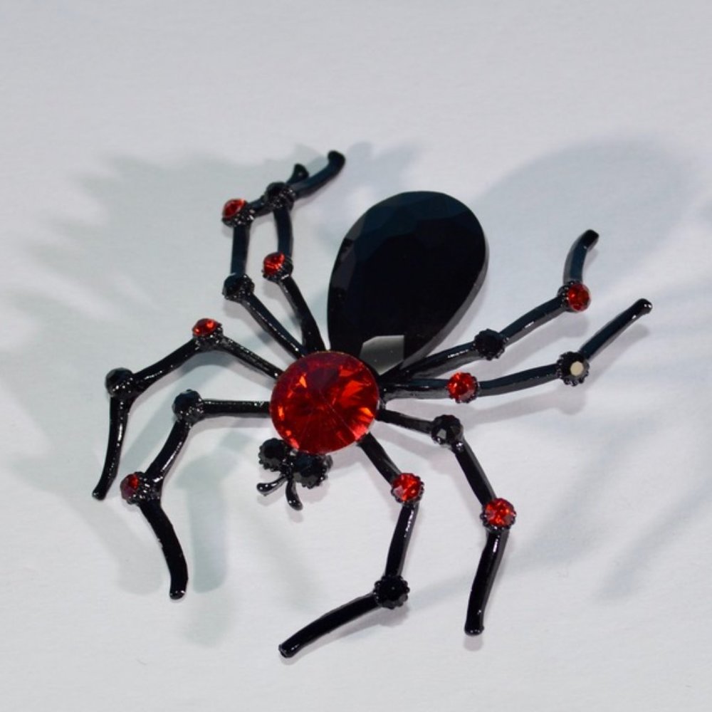 Black & Red Rhinestone Spider Brooch
